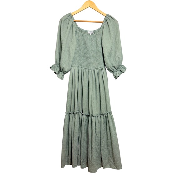 Ivy City Co. Dresses & Skirts - Ivy City Co Sage Green Smocked Cotton Midi Dress Puff Sleeve Large Cottagecore